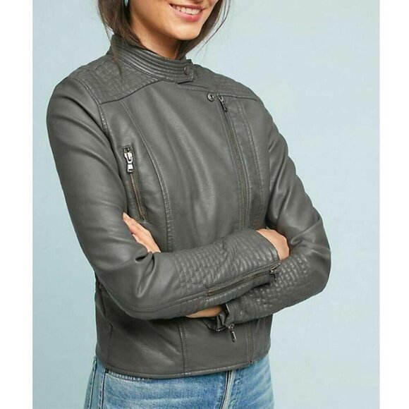 Anthropologie Jacket Moto Crop Womens Extra Small Gray Vegan Faux Leather Pocket - Picture 3 of 15